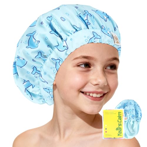 Years calm Satin Lined Shower Cap for Kids Waterproof Kids Shower Cap with Soft Hair Protection & Wide Elastic Band Reusable Shower Hat for Kids Ages 310 (Light Blue One Size)