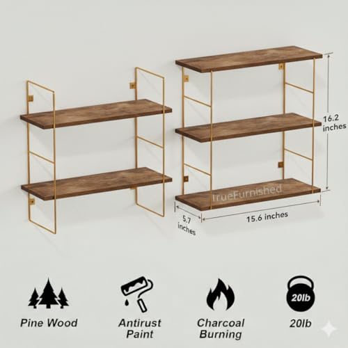 Image of DIY Floating Wall Shelves for Living Room Wall Mounted, Kitchen, Bathroom accsessories & Kidsroom | Wooden & White Shelf for Home Office Books, Plants - Golden Frame