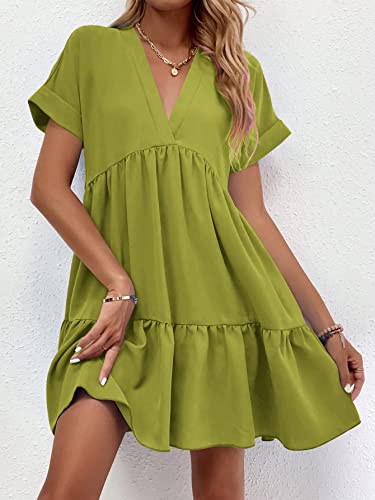 Image of WDIRARA Women's Roll Up Short Sleeve V Neck Ruffle Hem Solid Swing Smock Dress