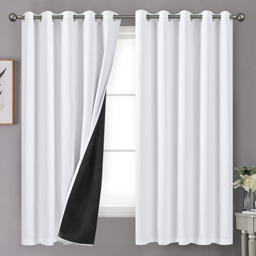 Image of YoungsTex Thermal 100% Blackout Curtains 63 Inch Length for Bedroom, Double Layer Grommet Full Light Blocking Window Drapes for Living Room, Pure White, 2 Panels, 60 X 63 Inch