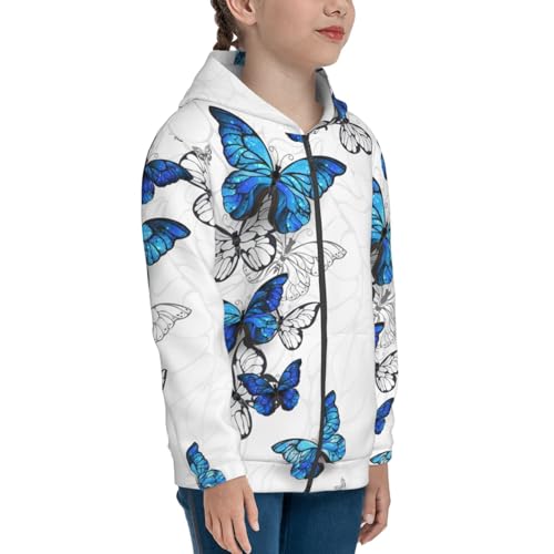 Blue Flying Butterflies Kids Pullover Hoodies Boys Zip Up Sweatshirts Girls Athletic Clothes with Pocket4