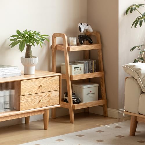Bamskov 100% Solid Oak Sofa Table - Versatile Design Narrow End Table with 3-Tier Open Storage for Living Room, Bedroom, or Small Spaces - Ladder Shelf for Study (Natural)