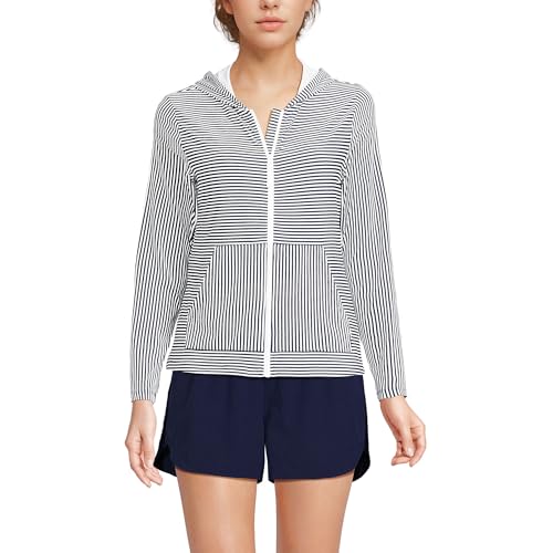 Lands' End Women's Sunshade UPF 50 Long Sleeve Hooded Full Zip Rash Guard Small Deep Sea Navy Mini Stripe