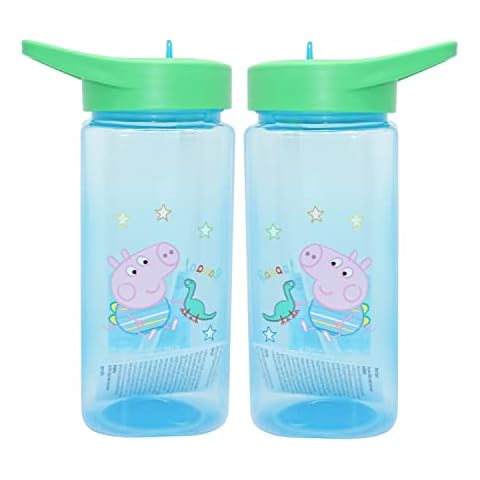 HOVUK Kids Water Bottles with Straw- 420ml Reusable Sports Water Bottles, Blue Straw Sipper Bottles for School Picnic Kids Boys 6+Months (2x- George Pig) Cover