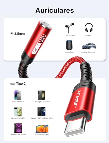 JSAUX Duradero Adaptador USB Tipo C a Jack 3.5 mm Auriculares, Adaptador USB C Jack para Samsung Galaxy S22/S21/S20/S20 FE, Xiaomi Mi 10/9/8, Huawei P40/P30/P20, Pixel 4/3/2 XL-Rojo - imagen 7