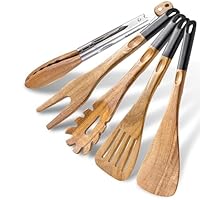 Edergoo Wood Cooking Utensils Set, 5 PCS Wooden Spoons for Cooking Includes Stainless/Wood Kitchen Tongs, Non-Stick Wooden Utensil Set with Innovative Finger Groove & Non-Slip Notch Design, Black