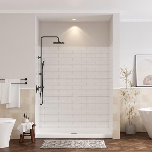 CASAINC Shower Wall Panels, Waterproof Wall Panels for Showers, Shower Surround Kit 3 Piece, 36D x 60W x 75H, Glossy White Tile Finish, SMC Material, 3.5MM Thick, Quick Install and Trimmable