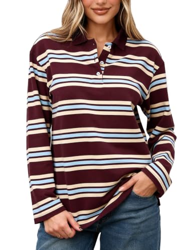 Flygo Womens Rugby Striped Polo Shirts Vintage Long Sleeve V Neck Preppy Pullover Top Y2K Lapel Collar Button Sweatshirts Tee(DarkBurgundy-M)