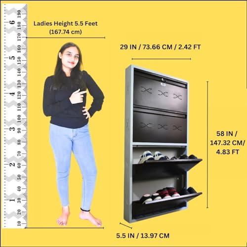 Image of I Metal Shoe Rack I Double Lock I Slim and Wall Mounted I 4 Shelves (Brown Colour) I Coad LC 2L-04 BR I Height 58 Inches, Width 29 Inches, Depth 5.5 Inches I 3 Years Warranty.