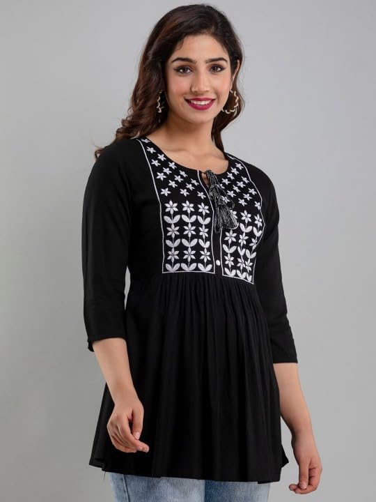 Image of Avayayat Women's Rayon Classic Heavy Embroidery Top with Beautifull Tassels at Front and on Both Sleeves Regular Fit Office Wear Festival Tunic Jeans Summer