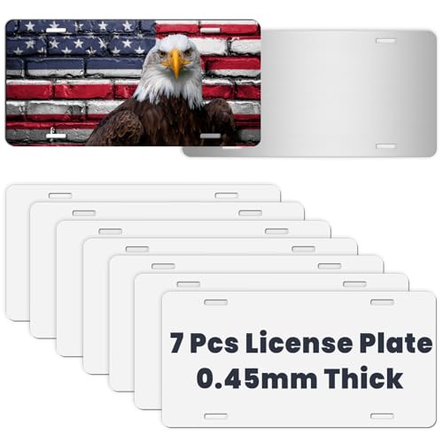 AceSubli 7 Pcs Sublimation License Plate Blanks for Heat Transfer Vinyl, Pesonalized Picture Metal Sublimation Blanks, Aluminum Car Front License Plate Tags for Automotive Men Women Gift 0.45mm Thick