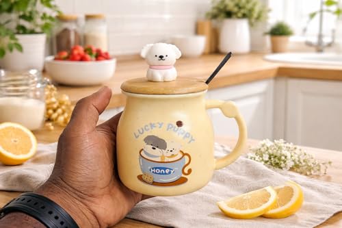 Image of Coffee Mug, Gift for Woman, Birthday Present for Girlfriend, Present for Wife Birthday, Mugs for Present, Holi Gifts, Panda Mug with Lid & Spoon (Lucky Puppy)
