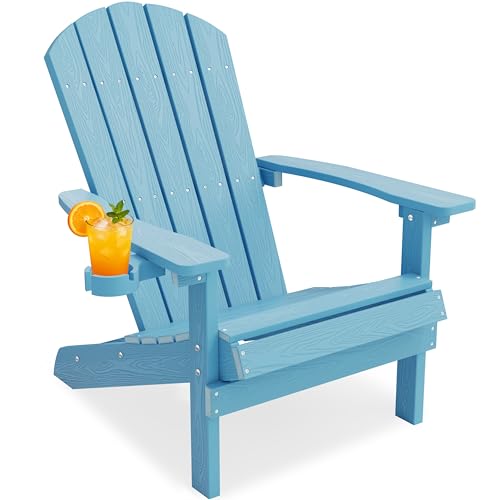 YEFU Adirondack Chair Weather Resistant: Outdoor Chair HIPS Plastic Adirondack Chairs - Patio Chairs with Cup Holder & Wood Texture - Lawn Fire Pit Deck Porch Garden Chairs for Adults (Blue)