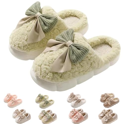 Bow Slippers for Women, Cute Cartoon Fluffy Warm Slippers with Bow, Winter Cozy House Slippers Plush Indoor Outdoor Shoes