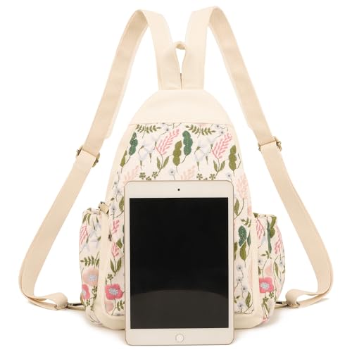 Image of SILKAREA Embroidered Sling Bag for Women, Crossbody Backpack Purse Anti-Theft Travel Daypack, Adjustable Shoulder Chest Pack with Tablet Pocket (Embroidered White-2)