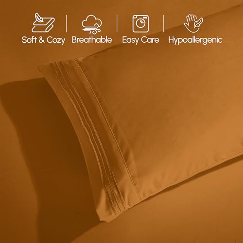 Image of Elegant Comfort Luxurious 1500 Premium Hotel Quality Microfiber Three Line Embroidered Softest 5-Piece Bed Sheet Set, Wrinkle and Fade Resistant, Split King, Bronze