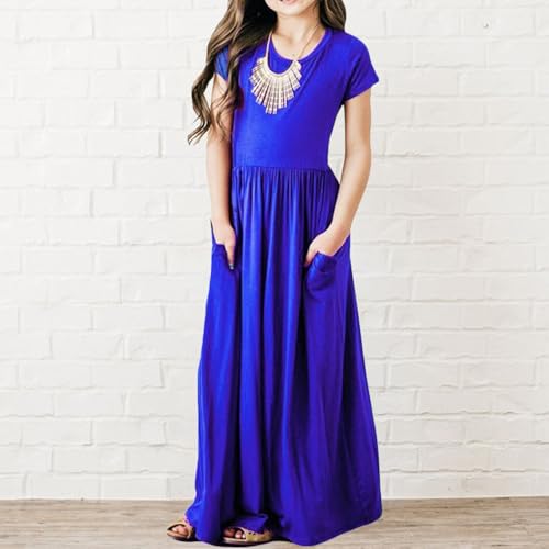 Toddler Kids Girls Long Sleeve Stripe Print Loose Casual Long Maxi Summer Dresses with Pockets for Girls (Blue, 8-9 Years)2