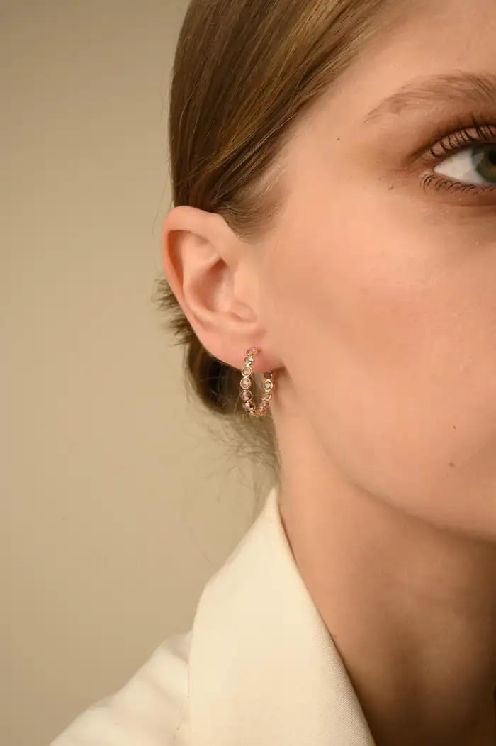 VR Jewels Solid 14k Yellow Gold Pink Sapphire Hoop Earrings, Handmade Bezel Hoops, Gift for Mom