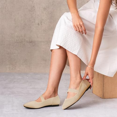 Image of TINGRISE Women's Flats Shoes Pointed Toe Knit Washable Ballet Comfortable Dressy Mary Jane Flat