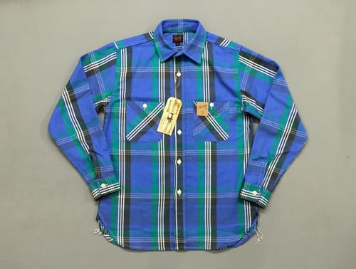 GenericBOB DONG Men's Plaid Work Shirts Selvage Long Sleeve Check Cotton Casual Shirts (Blue, M 38)