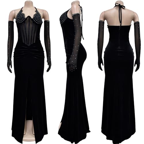 Image of Jigfar Women's Sexy Elegant Rhinestone Embellished Velvet Party Club Night Bodycon Formal Evening Maxi Dress
