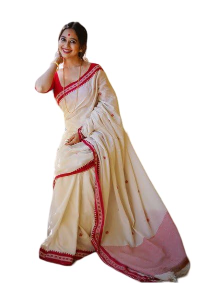 Flosive Women's Latest Kanjivaram Silk Saree With Blouse (White)