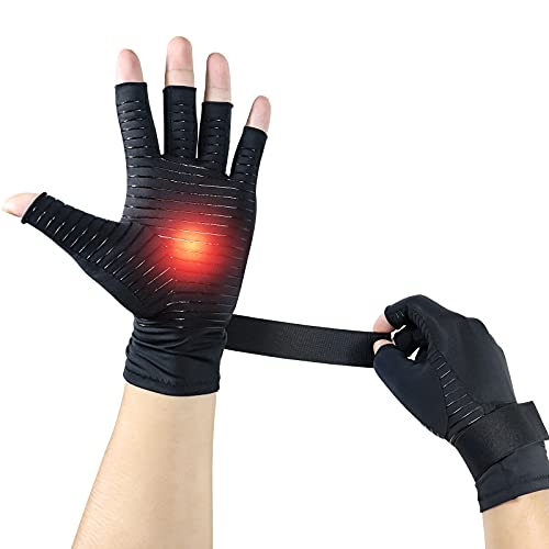 Copper Arthritis Compression Gloves with Adjustable Strap, hand arthritis gloves for women for pain carpal tunnel relief fingerless gloves for wrist brace men typing Dailywork (Medium)