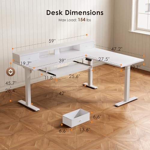 Image of OffiGo 59 Inch L Shaped Electric Standing Desk with Drawers, White