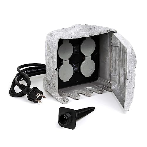 Gartensteckdose 4fach in Steinoptik, IP44, Außensteckdose mit Sensor für Dämmerung und 1,5m Kabel grau