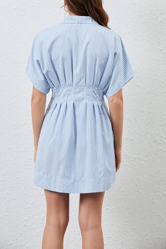 Image of Women Summer Short Sleeve Button Front Pleated Shirt Dress Striped Collar V Neck Casual Y2k Swing Short Mini Dress