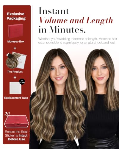 Image of Moresoo Tape Hair Extensions Caramel Balayage 24in 20Pcs 50g | Tape hair extensions real human hair, extra-long strands, dark brown base, caramel dimension, braids and evening events
