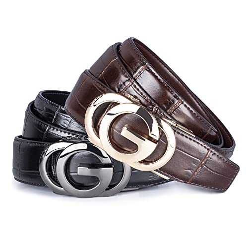 Ratchet Belts for Men 2 Pack Adjustable Designer Belts for Suits and Jeans 1 3/8" in Gift Box, Trim to Fit2