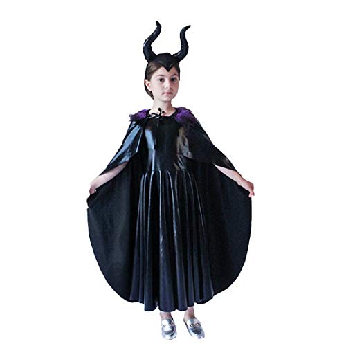 Bulex Evil Queen Costume Girls Cosplay Kids Dress Horn Cloak Outfit Halloween Party (Small)