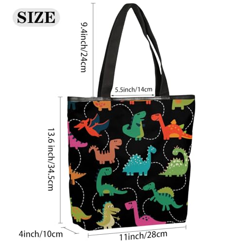 Colorful Cartoon Dinosaurs Canvas Tote Bag Portable Shopping Bags Reusable Shoulder Tote Bag with Zipper for Travel Shopping Campaign Gym2