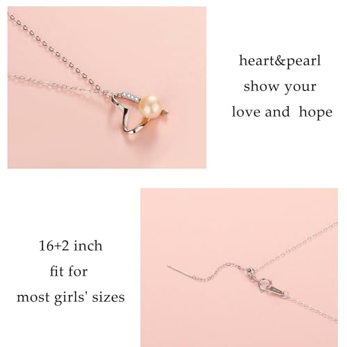 Sterling Silver Pearl Necklaces for Women, Gold/Silver Heart Necklaces for Girls, 10 13 16 21 30 40 50 60 Years old Birthday Wedding Jewelry Gifts, Single Pearl Simple Tiny Small Faux Pearl Necklaces3