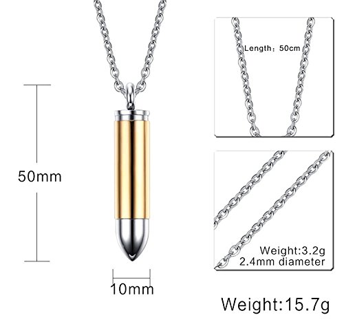 Stainless Steel Memorial Cremation Ash Urn Vial Tube Bullet Pendant Keepsake Necklace, Golden, Free Chain (Silver Yellow)2