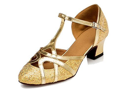 TDA Women's T-Strap Glitter Synthetic Salsa Tango Ballroom Latin Party Dance Shoes 7 Glitter Gold-5cm Heel