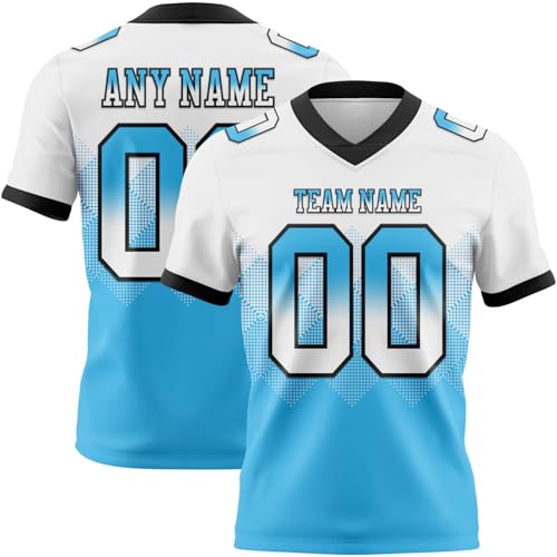 Personalized Gradient Flag Football Jersey Rhombus Pattern, Custom White Sky Blue Black Rugby Uniform Athletic Sports Short Sleeve Tee Shirts for Men Women Youth, Design Two Tone Casual Summer T-Shirt