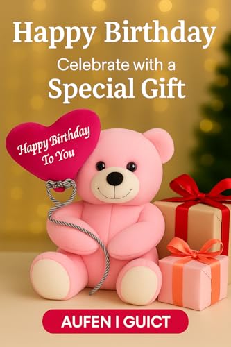 Image of ZEXSAZONE Happy Birthday Teddy Bear Soft Toy - Cute Pink Plush Teddy with Heart & Balloon | 24 cm for Kids, Girls, Boys, and Loved Ones