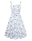 Belle Poque Sommerkleider für Damen Spaghettiträger A Linie Midi Sonnenkleid Freizeitkleid mit Taschen Urlaubs Strandkleid Weiß&Blau Blumen XXL