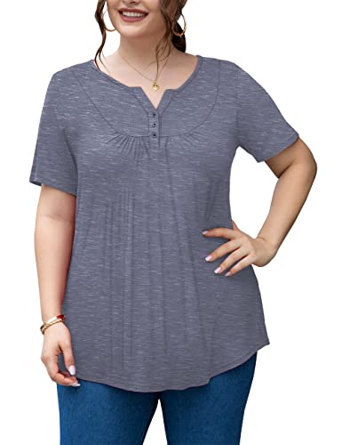 Folunsi Womens Plus Size Short Sleeve V Neck Tunic Tops Loose Casual Shirts Purple Grey 1X #TOP1