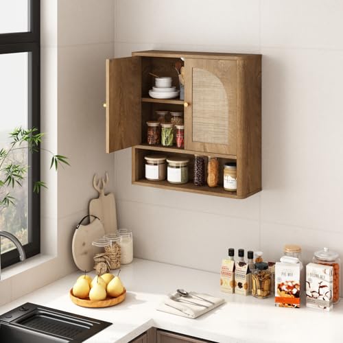 Armario de baño mural RUSTOWN de ratán con 2 puertas arqueadas y estante ajustable | Armarios de almacenamiento sobre inodoro, armario de medicamentos moderno con bordes redondeados, organización para baño estilo mid-century miniatura 6