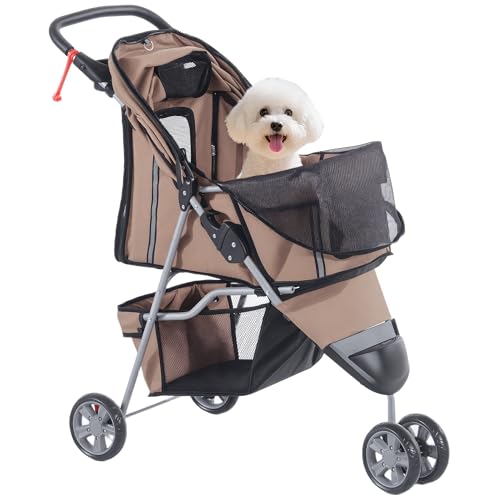 PawHut Cochecito Plegable Mascotas 75x45x97cm Perros Gatos Carrito Ruedas giran 360º Cafe