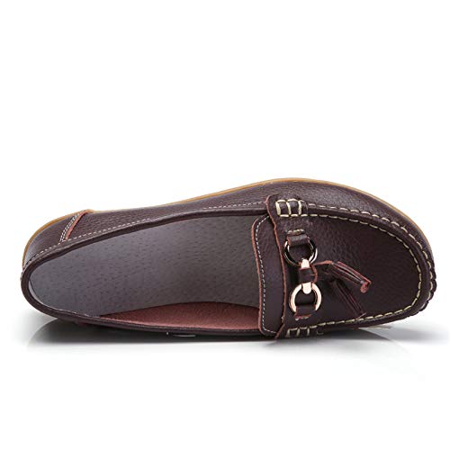 Image of Women Loafers Leather Rubber Sole Slip On Walking Flats Casual Moccasin Boat Shoes