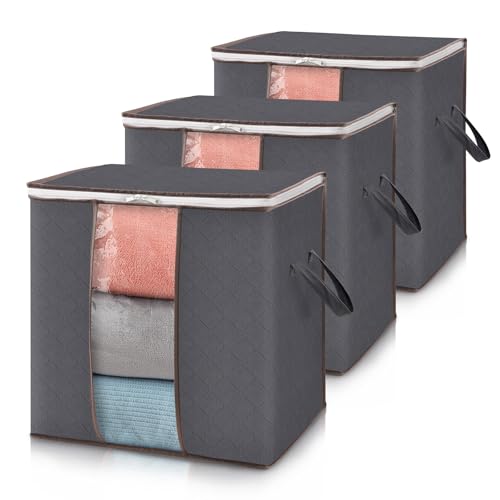 Image of Lifewit 3 Pack 100L Clothes Storage Bins with Lids, Foldable Blanket Storage Bags with Zippers, Clear Window and Reinforced Handles, Closet and Organization for Clothing, Sweater, Comforter, Bedding