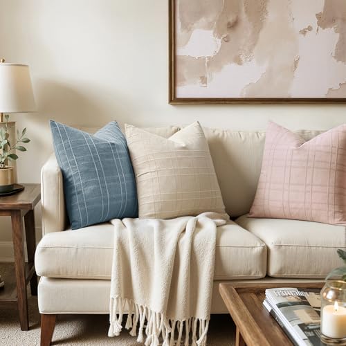 Image of MIULEE Decorative Linen Check Throw Pillow Covers Neutral Farmhouse Vintage Spring Valentine Spring Pillow Covers 18x18 Set of 2 Boho Modern Home Decor for Sofa Couch Bedroom Cushion Light Pink