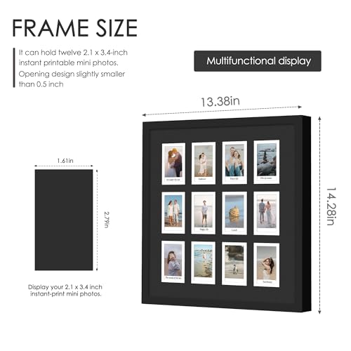 Image of DUENPY 12.2x13.1 Polaroid collage frame for Polaroid 2x3 Mini Instant Prints Photo with 12 Openings, Mini Picture Frames Wall Display with Polished Plexiglas Balck