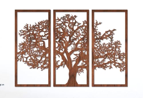 Duvar Dekoru, Hayat Ağacı 3 Parçalı Ceviz Doğal Ahşap Kaplama 70 cm (Yükseklik)