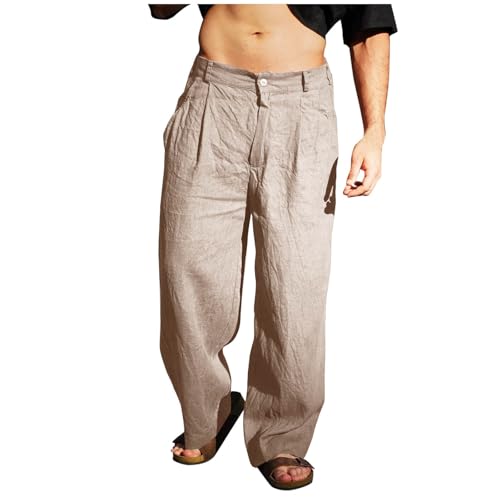 Cotton Linen Pants Mens Solid Color Button Zipper Loose Trousers Pocket Straight Baggy Trousers Comfy Pant for Men