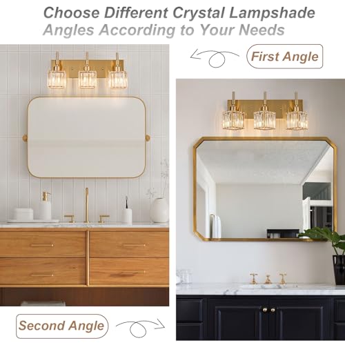 Image of Gold Vanity Light 3-Lights Crystal Bathroom Lighting Fixtures Over Mirror Modern Bathroom Light Fixtures with Crystal Square Shade